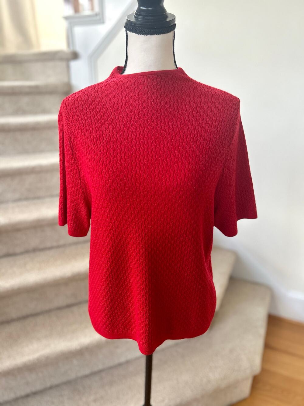 Vintage Pendleton Merino Wool Textured Red Mock Neck Short Sleeve Sweater